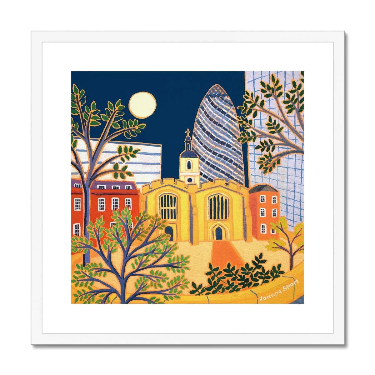 Joanne Short Framed Open Edition London Fine Art Print. 'The Old and the New, St Helen's Bishopsgate Church & The Gherkin London'. Joanne Short