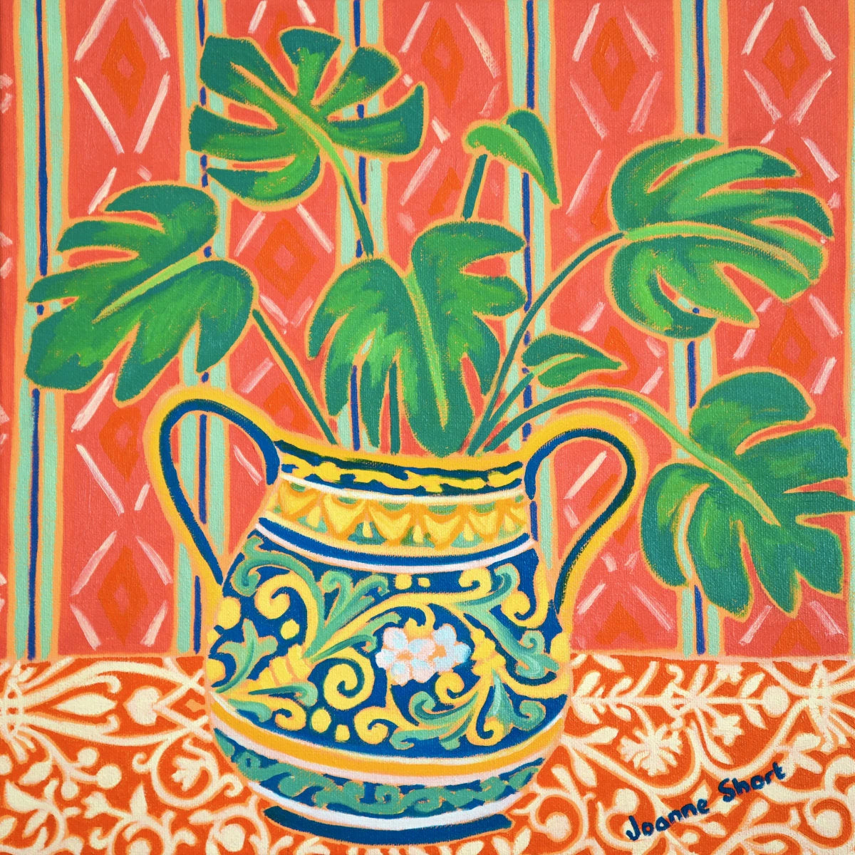 'My Favourite Cheese Plant in a Painted Pot'. 12x12 inches Painting. Oil on Canvas by Cornish artist Joanne Short