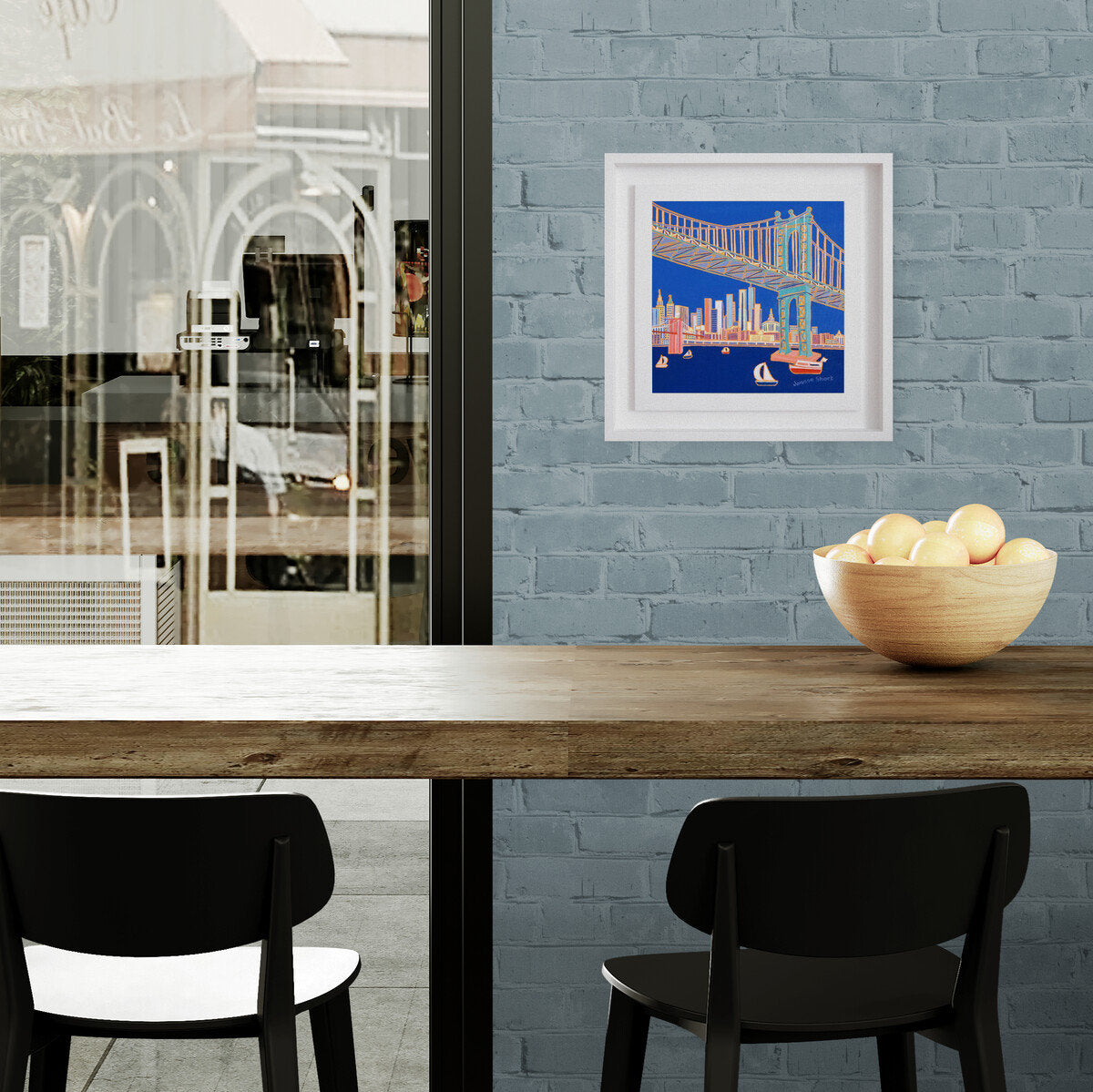 'Sailing under the Bridges, Manhattan', 12x12 inches oil on canvas. Paintings of America by British Artist Joanne Short. American Art Gallery