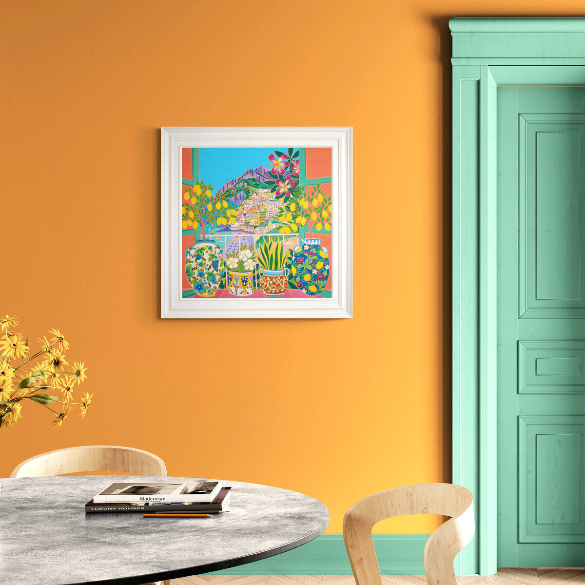 'Lemons by the Sea, Positano, Italy', 30x30 inches oil on canvas. Amalfi Coast Painting with Lemons by British Artist Joanne Short