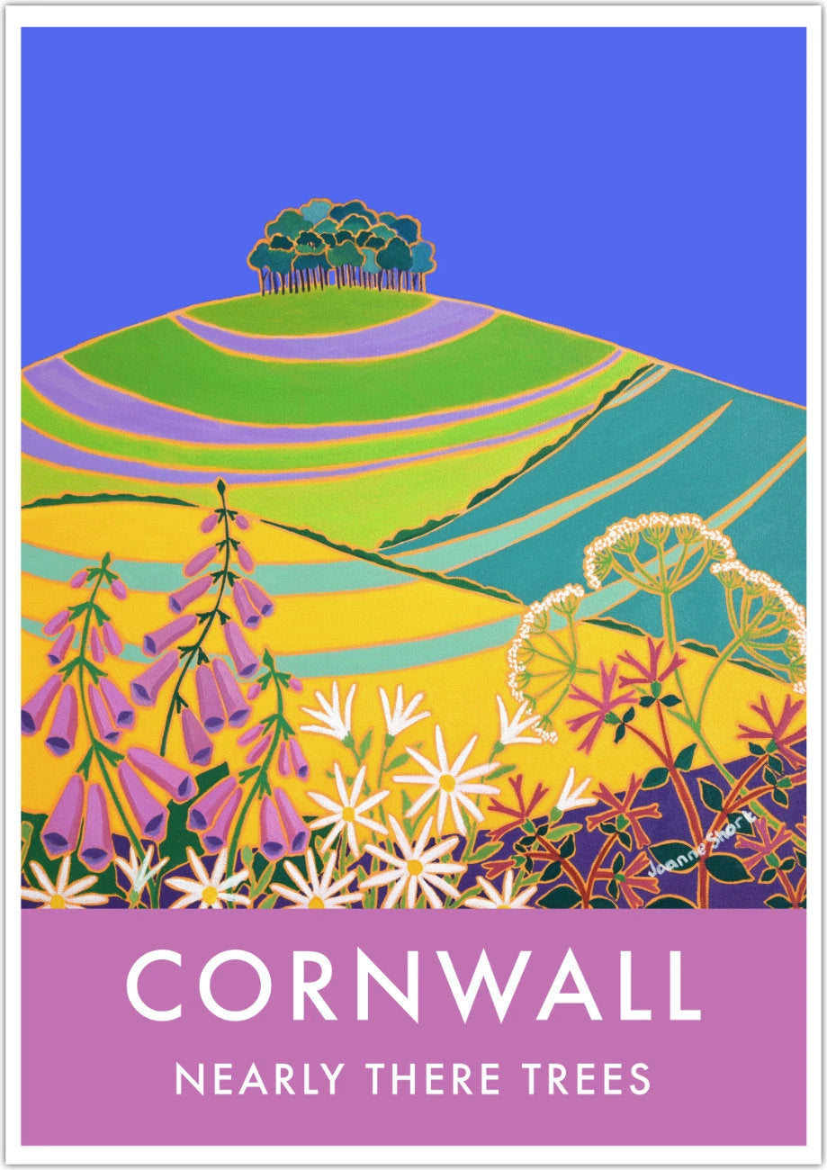 Vintage Style Travel Art Poster Print of the Nearly There Trees, Nearly Home Trees at Cookworthy Knapp Devon - Cornwall by Cornish Artist Joanne Short