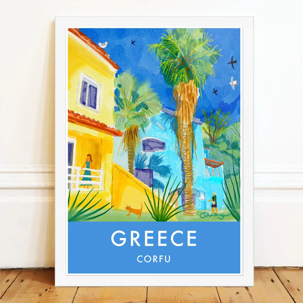 Greece Artwork Wall Art Poster Print by John Dyer. Sunlit Villa in Govino Bay, Corfu, Greece John Dyer