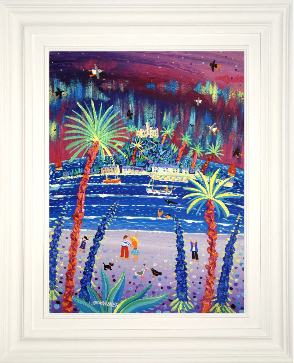 'Magical Cornish Aurora, St Michael’s Mount', 24x18 inches acrylic on canvas. Cornish Northern Lights Painting by British Artist John Dyer