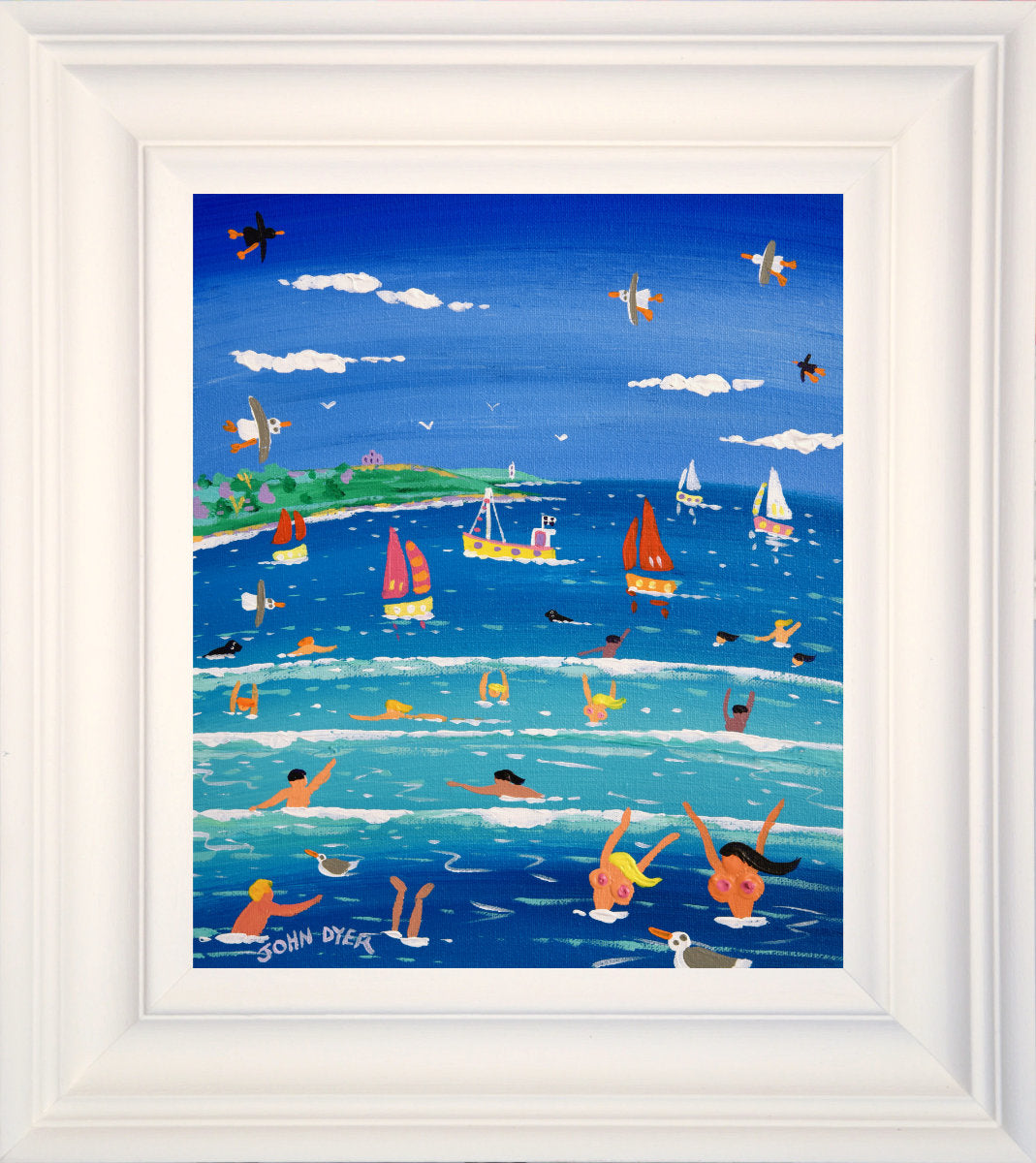 'Hot Summer Swim, Castle Beach, Falmouth', 12x10 inches acrylic on canvas. Paintings of Cornwall. Cornish Artist John Dyer. Cornwall Art Gallery