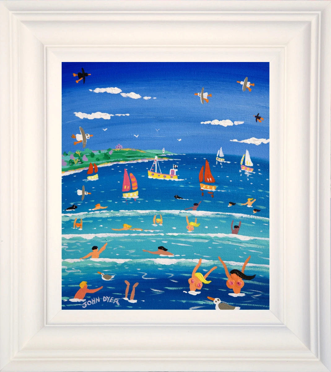 'Hot Summer Swim, Castle Beach, Falmouth', 12x10 inches acrylic on canvas. Paintings of Cornwall. Cornish Artist John Dyer. Cornwall Art Gallery John Dyer