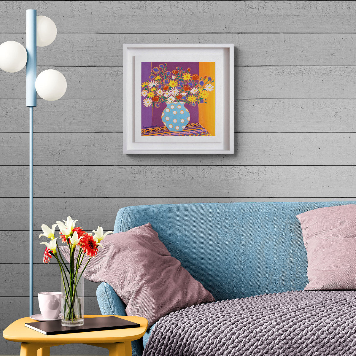 'Wild Flowers in a Spotty Vase'. 12x12 inches Original Oil Painting on Canvas by Cornish Artist Joanne Short