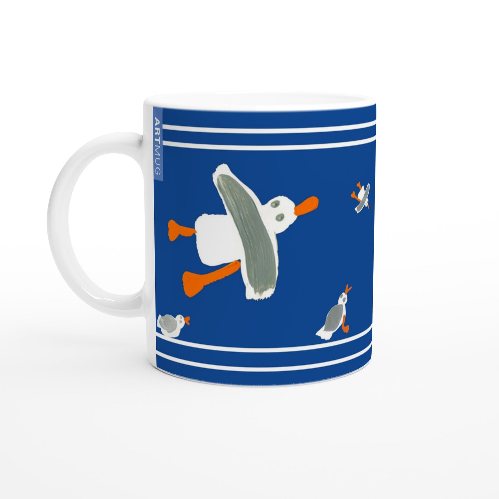 John Dyer Ceramic Cornish Art Mug with Cornish Seagulls. Blue