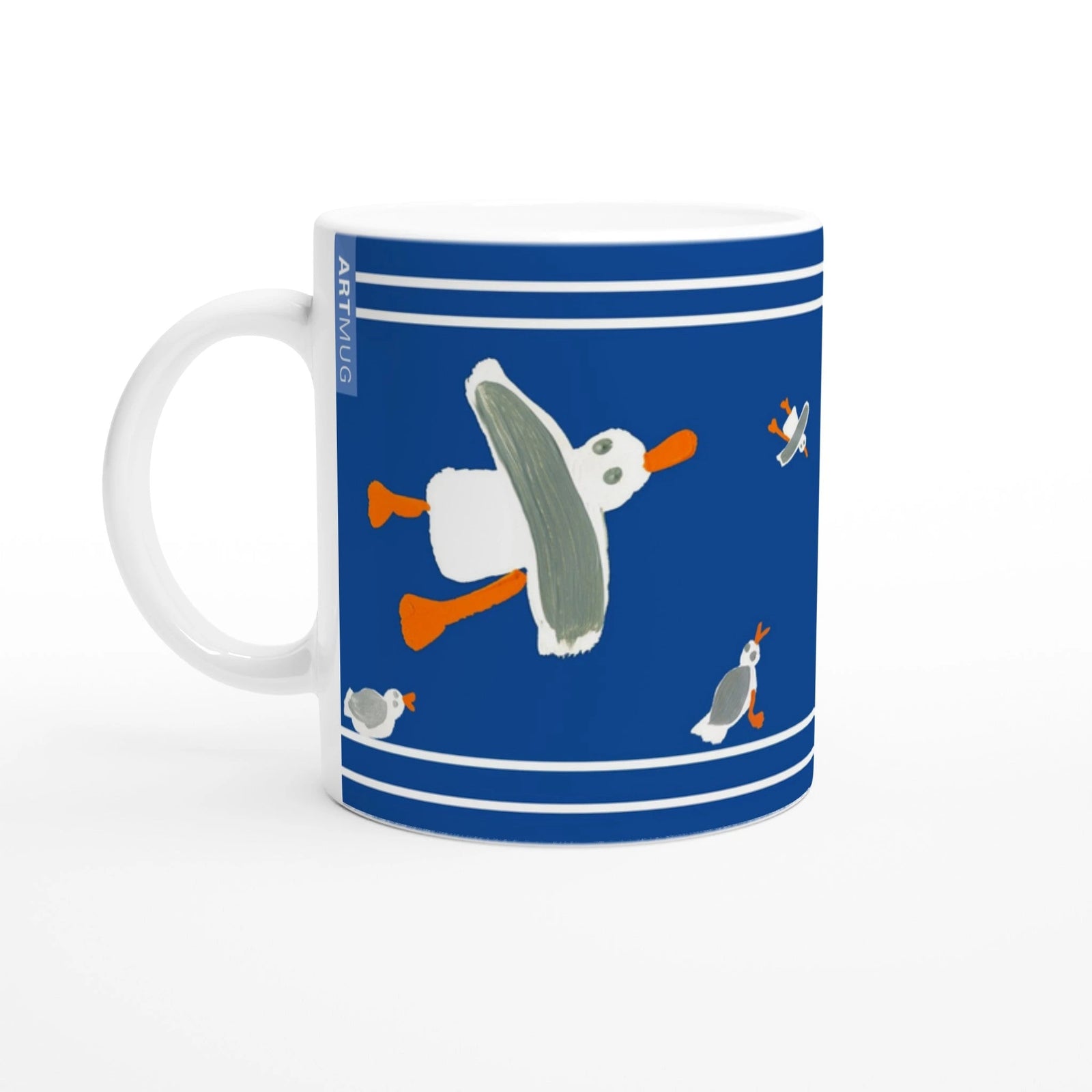 John Dyer Ceramic Cornish Art Mug with Cornish Seagulls. Blue John Dyer