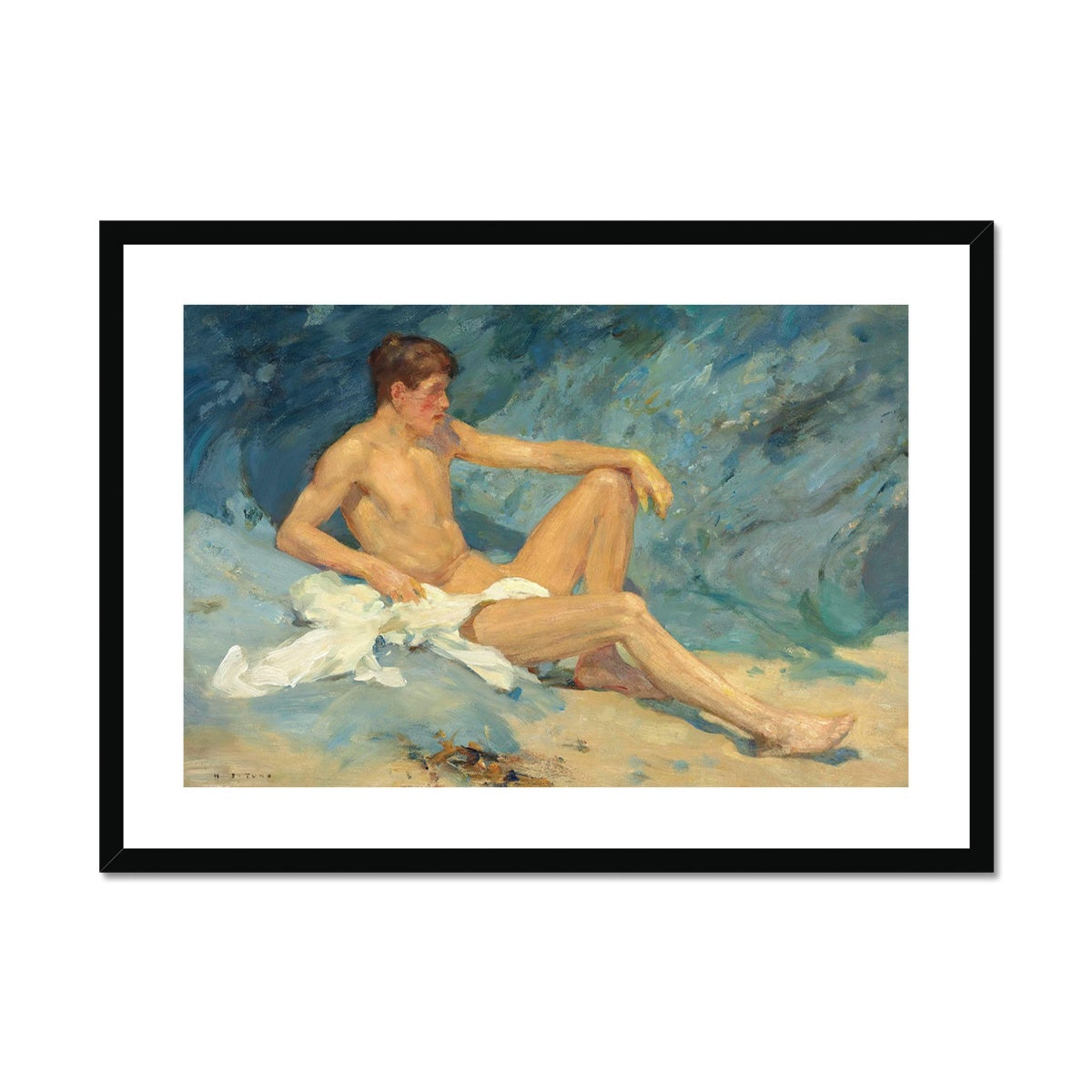 A Male Nude Reclining on the Rocks by Henry Scott Tuke. Framed Open Edition Fine Art Print. Gay Historic Art