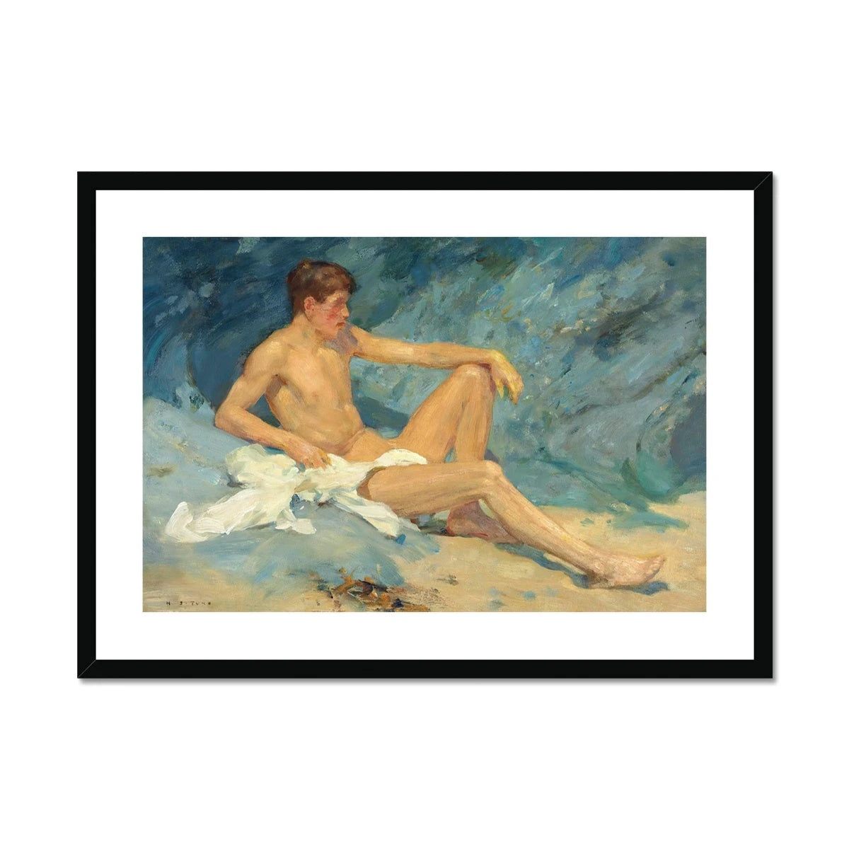 A Male Nude Reclining on the Rocks by Henry Scott Tuke. Framed Open Edition Fine Art Print. Historic Art