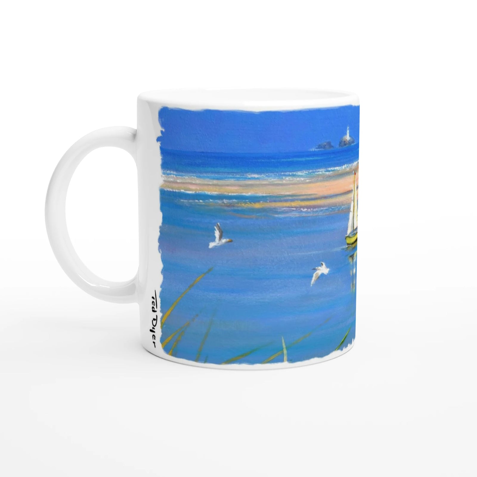 Ted Dyer Ceramic Cornish Art Mug. Paintings on Mugs Range. Godrevy Lighthouse and Gwithian, Cornwall
