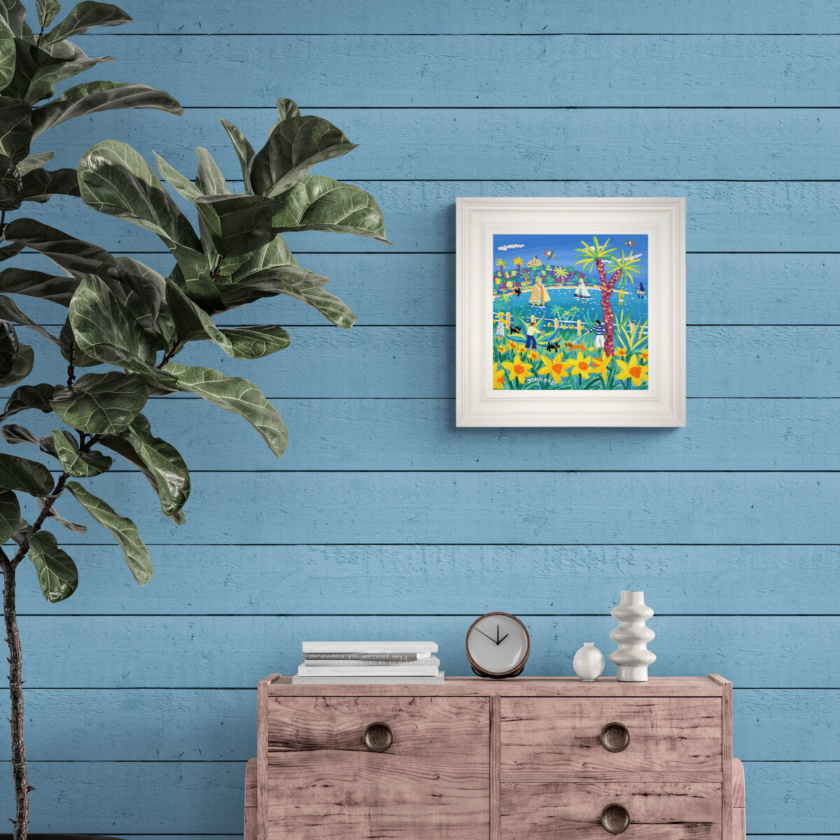 'Daffodil Walkies, Falmouth', 12x12 inches acrylic on canvas. Cornwall Painting with Dogs by British Artist John Dyer.