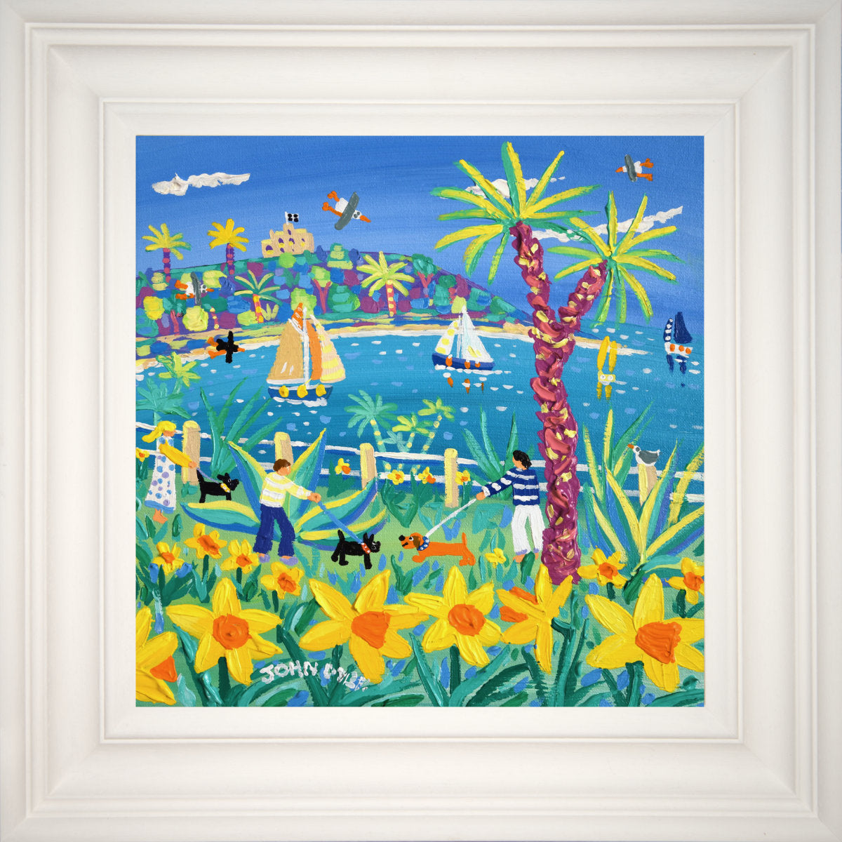'Daffodil Walkies, Falmouth', 12x12 inches acrylic on canvas. Cornwall Painting with Dogs by British Artist John Dyer.