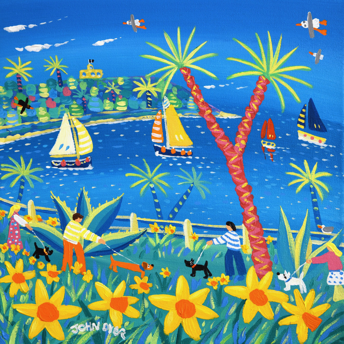 'Walking through the Daffodils, Falmouth', 12x12 inches acrylic on canvas. Cornwall Painting with Dogs by British Artist John Dyer.