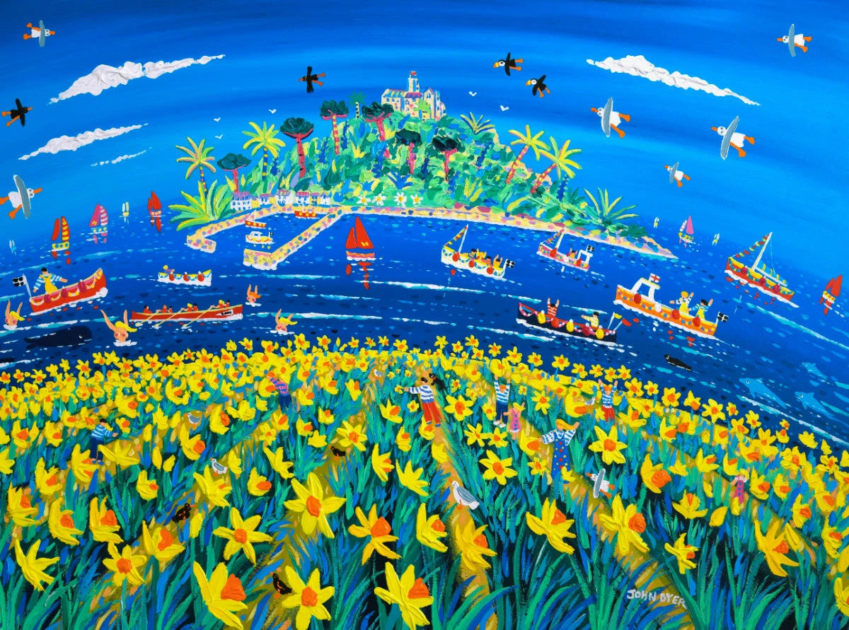 'Daffodil Days at St Michael's Mount', 36 x 48 inches acrylic on canvas. Painting of St Michael's Mount Cornwall by Cornish Artist John Dyer John Dyer