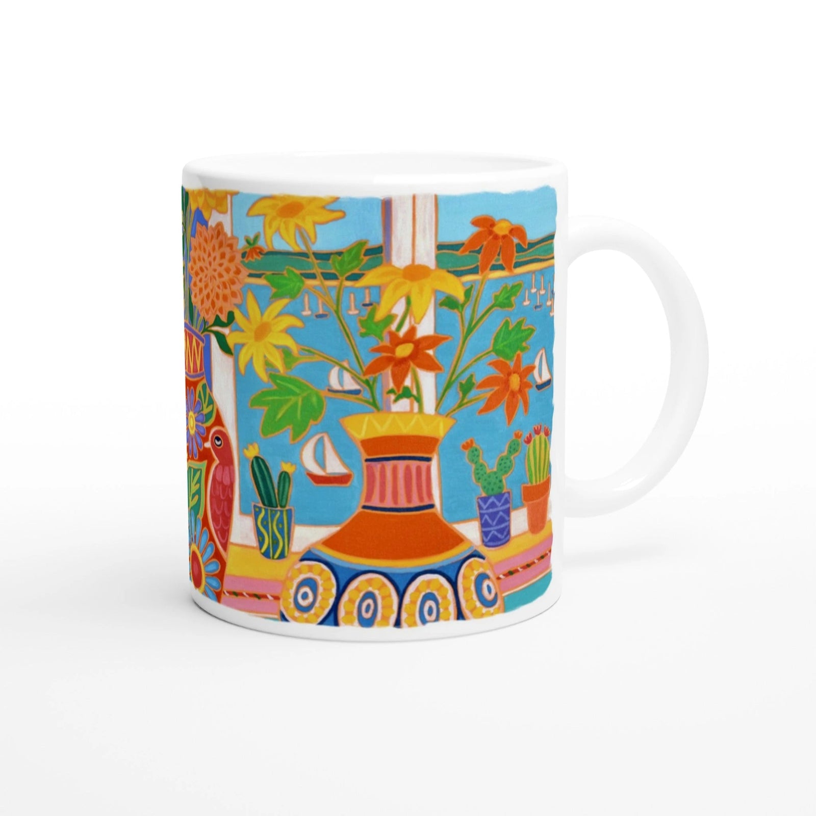 Joanne Short Ceramic Cornish Art Mug. Mexican Fiesta Flowers Joanne Short