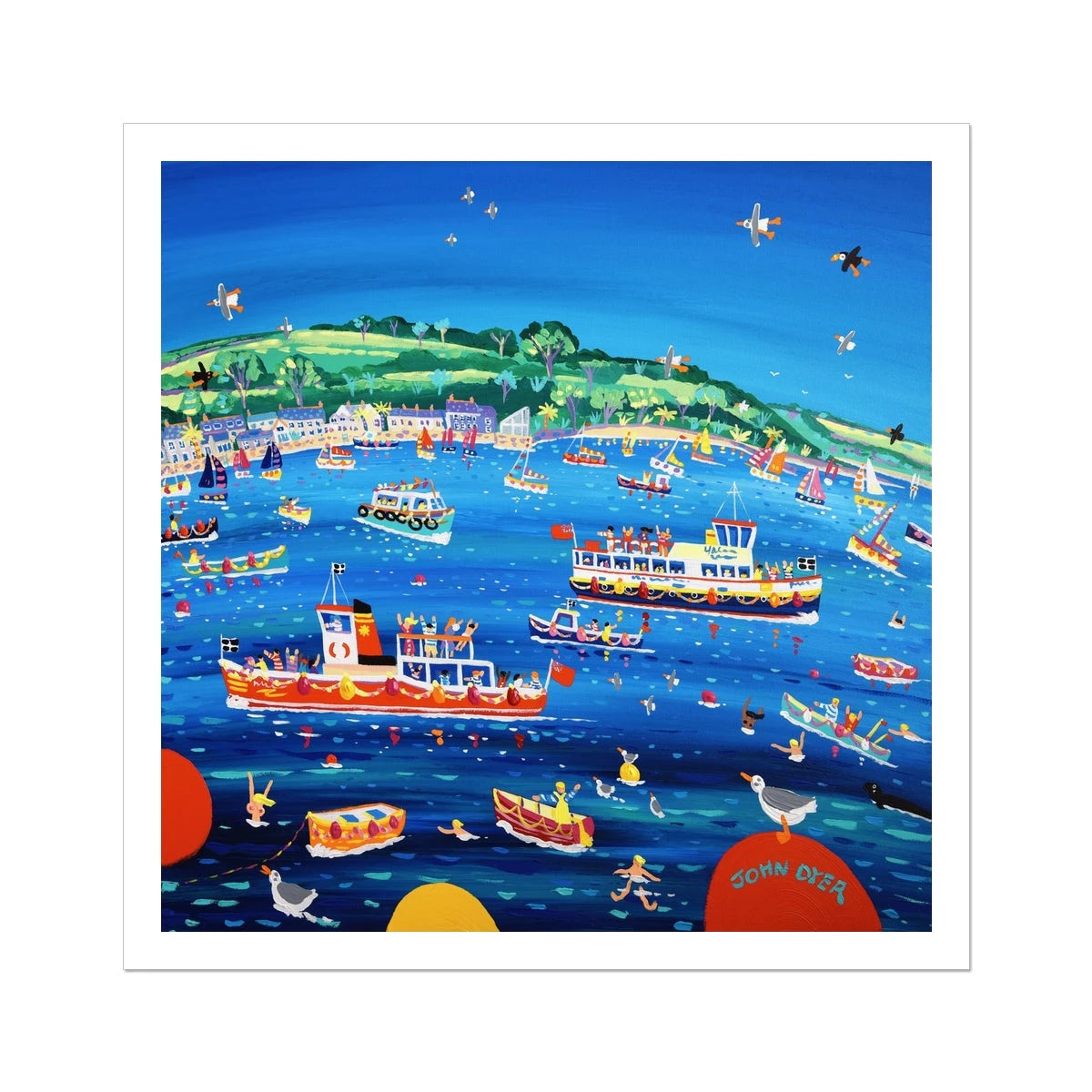John Dyer Fine Art Print. Open Edition Cornish Art Print. 'Blue sky and Ferry Boats, Greenbank, Falmouth'. Cornwall Art Gallery John Dyer