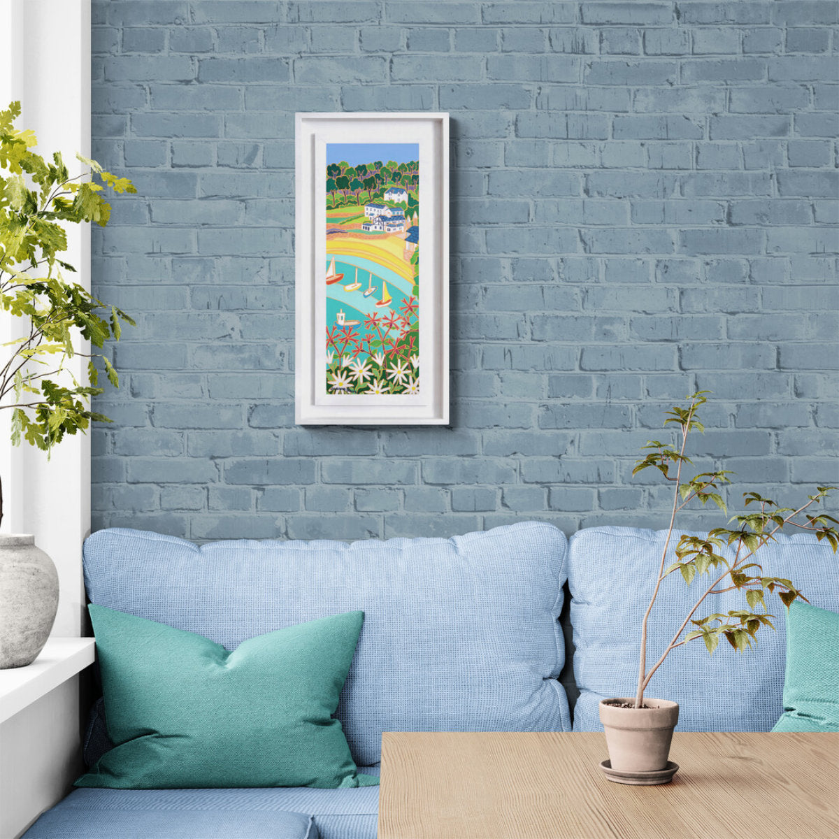 'Dinghies and Daisies, Readymoney Cove, Fowey',
24 x 9 inches oil on canvas. Painting by Cornish Artist Joanne Short