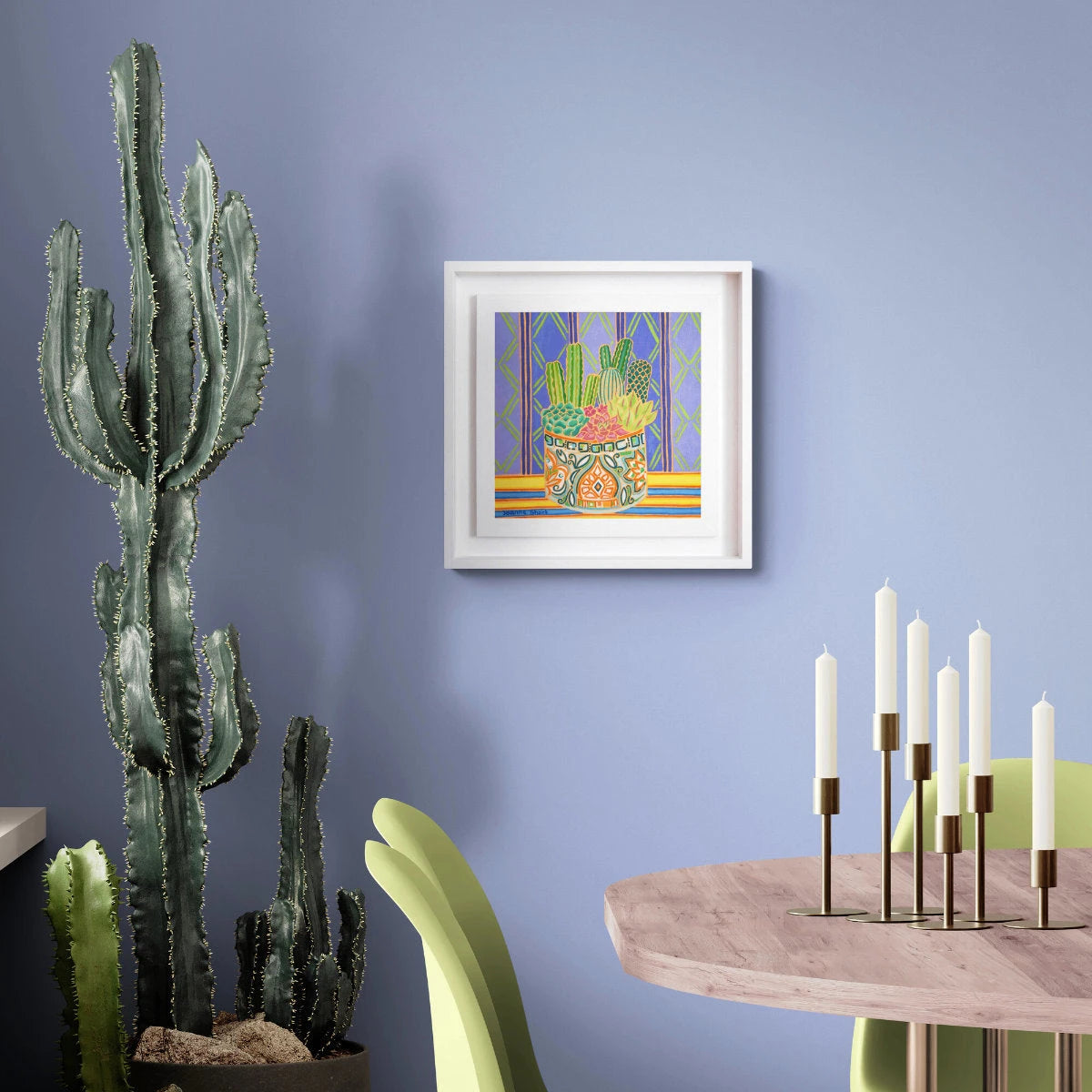 'Prickly Cacti and Purple Wallpaper'. 12x12 inches Original Oil Painting on Canvas by Cornish Artist Joanne Short Joanne Short