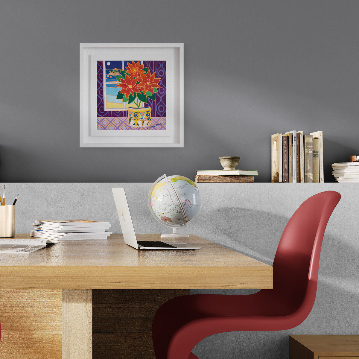 'Moonlit Poinsettia, St Michael's Mount'. 12x12 inches Original Art Painting Oil on Canvas. Paintings of Cornwall by Cornish Artist Joanne Short.