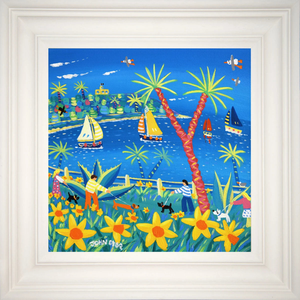 'Walking through the Daffodils, Falmouth', 12x12 inches acrylic on canvas. Cornwall Painting with Dogs by British Artist John Dyer. John Dyer