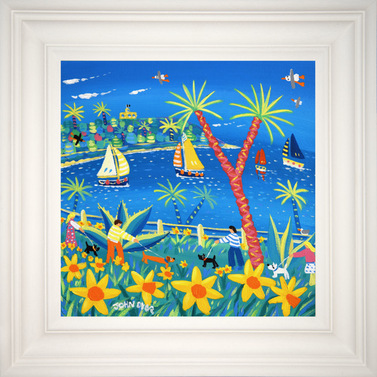 'Walking through the Daffodils, Falmouth', 12x12 inches acrylic on canvas. Cornwall Painting with Dogs by British Artist John Dyer.