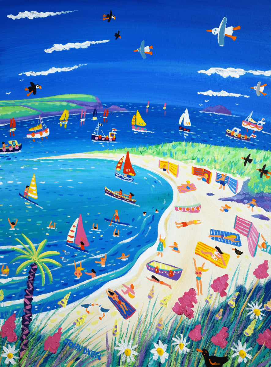 'Cornish Holiday, Daymer Bay, Rock', 24x18 inches acrylic on canvas. Cornwall Painting by Cornish Artist John Dyer. Cornwall Art Gallery