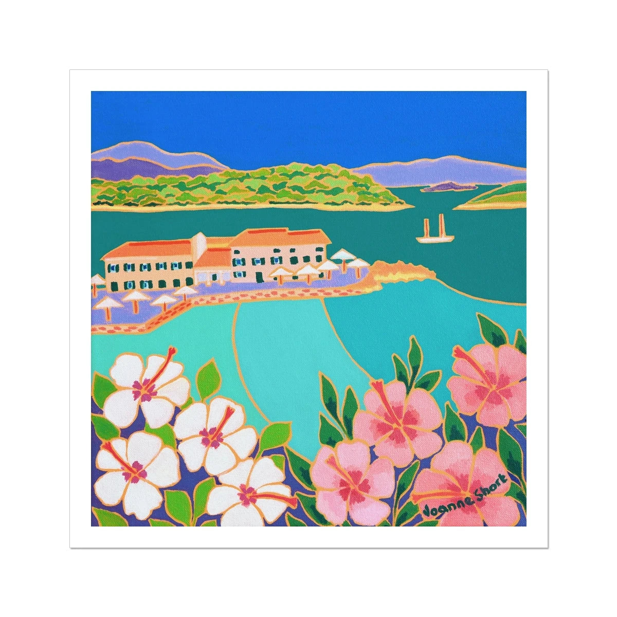 Joanne Short Greece Artwork. Open Edition Art Print. 'Hibiscus and Turquoise Sea, Faliraki, Corfu Town Greece' Greek Art Gallery Joanne Short