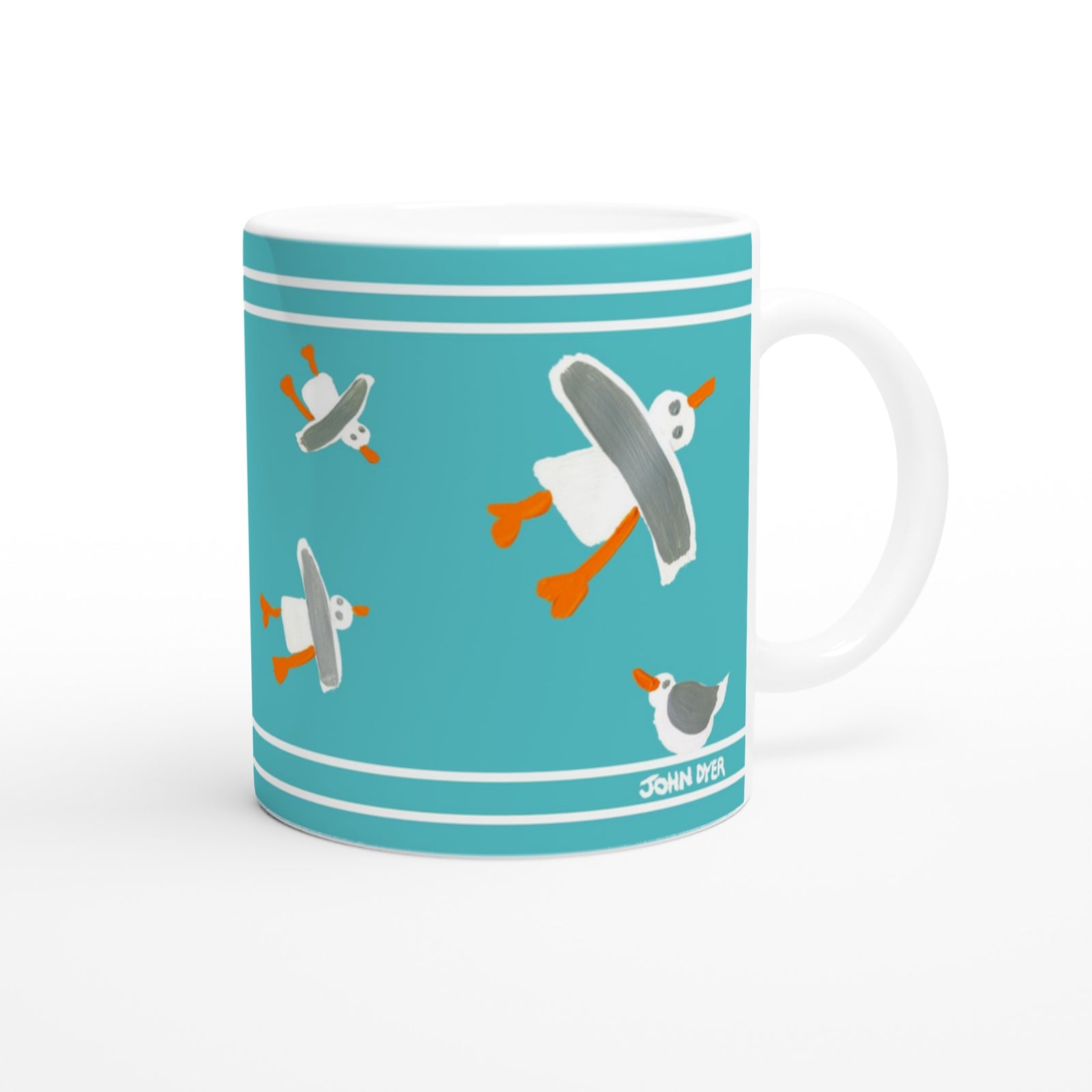John Dyer Ceramic Cornish Art Mug with Cornish Seagulls. Aqua Sea Turquoise Teal