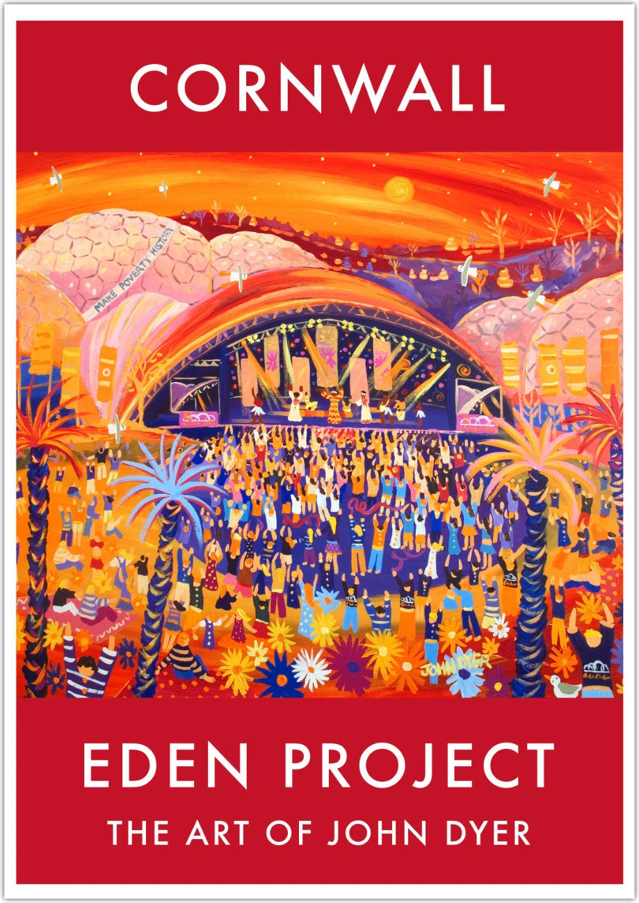 Eden Project Garden Art Poster Print by Cornish Artist John Dyer of The Eden Project Biomes, Eden Sessions, Live 8 Concert John Dyer