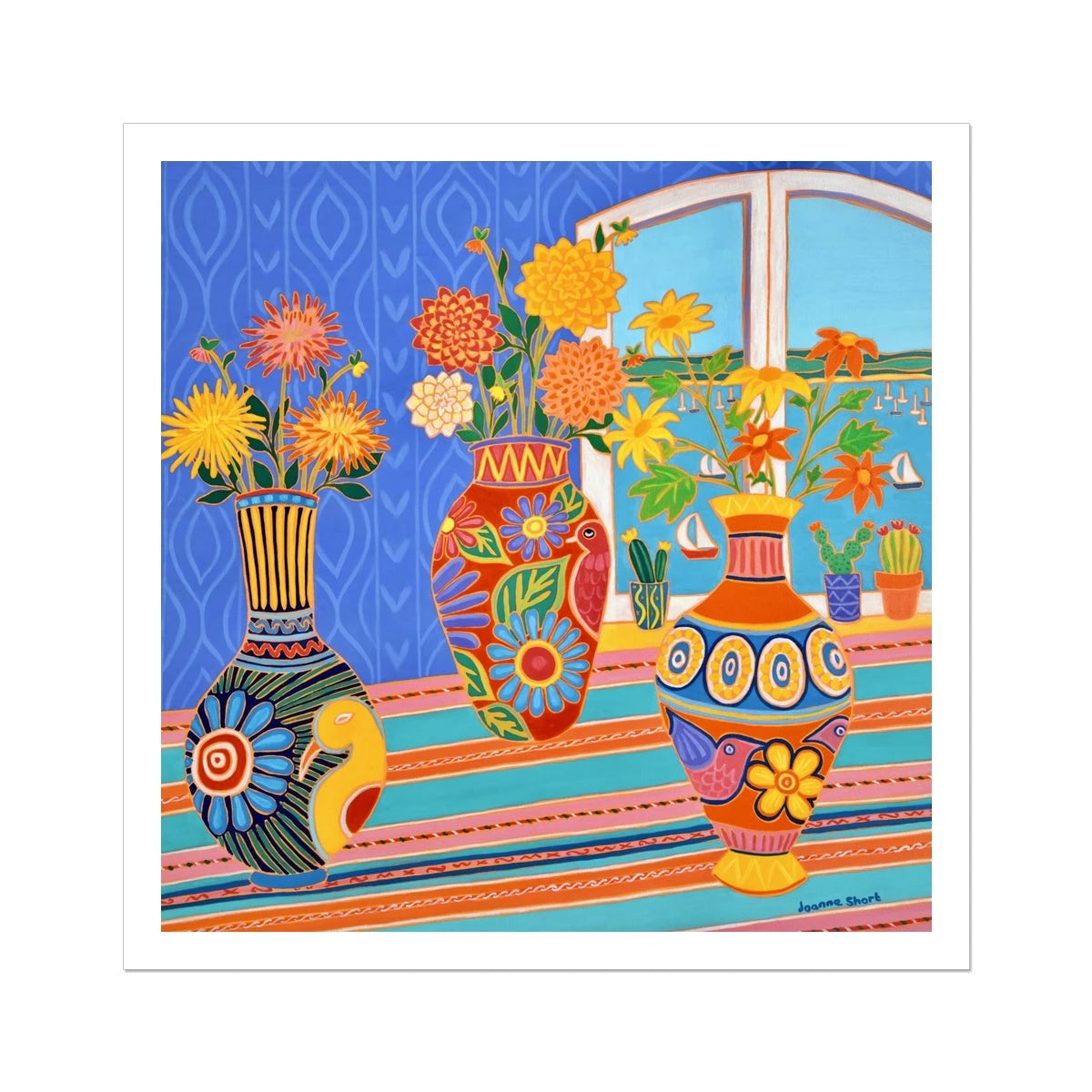 Joanne Short Open Edition Cornish Art Print. 'Fiesta of Flowers in Mexican Vases'. Cornwall Art Gallery. Fowey Joanne Short