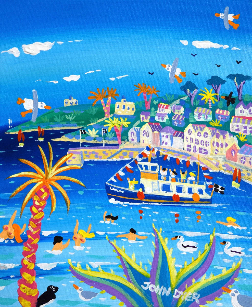 'Bunting and Bathing, St Mawes', 12x10 inches acrylic on canvas. Paintings of Cornwall. Cornish Artist John Dyer. Cornwall Art Gallery John Dyer