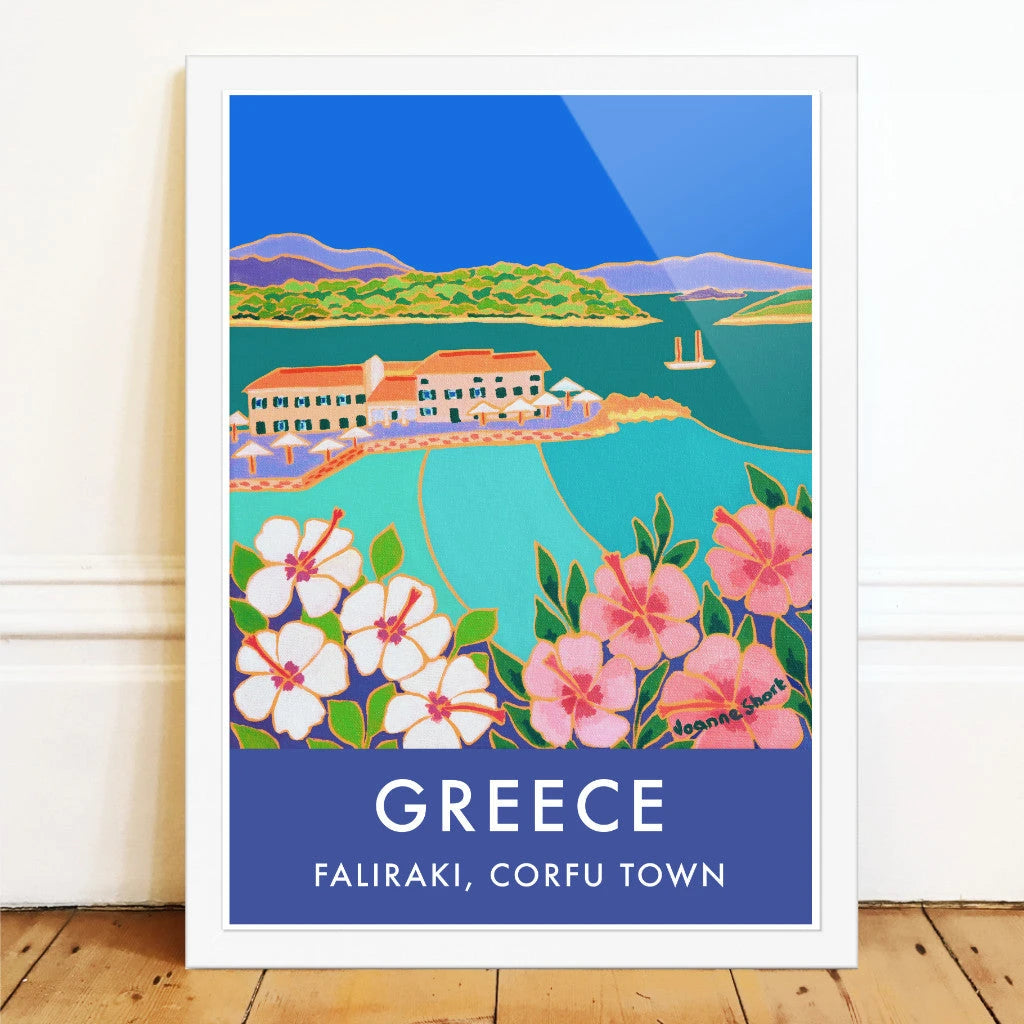 Greek Print of Hibiscus and Turquoise Sea, Faliraki, Corfu Town. Vintage Style Travel Poster Art Print by Joanne Short. Greece Artwork Joanne Short
