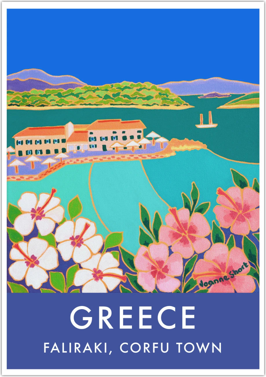 Greek Print of Hibiscus and Turquoise Sea, Faliraki, Corfu Town. Vintage Style Travel Poster Art Print by Joanne Short. Greece Artwork Joanne Short