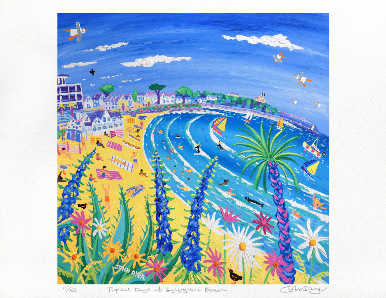 Limited Edition Print by Cornish Artist John Dyer. 'Tropical Days at Gyllyngvase Beach, Falmouth'. Cornwall Art Gallery Print