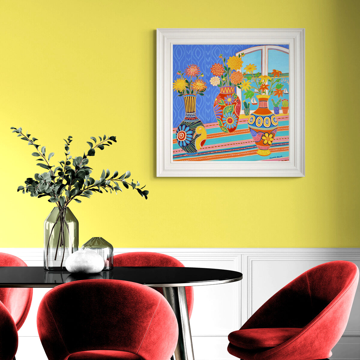 'Fiesta of Flowers in Mexican Vases', 30x30 inches oil on canvas. Original Painting by British Artist Joanne Short