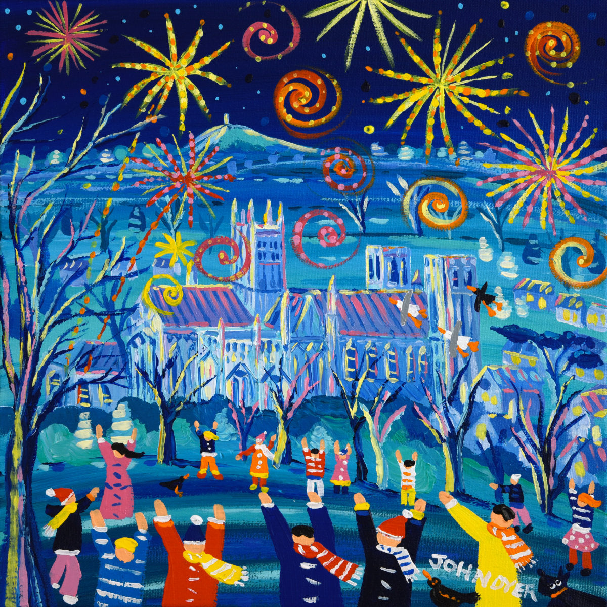 'Firework Fun, Wells', 12x12 inches acrylic on canvas. Wells Painting by British Artist John Dyer. Somerset Art Gallery
