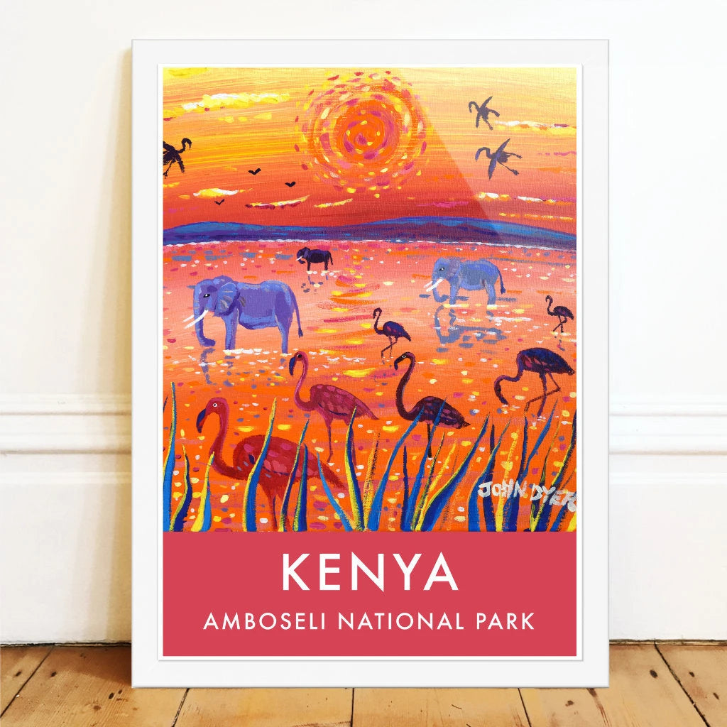 African Art Wall Art Poster Print by John Dyer. Sunset Amboseli Lagoon with Flamingos and Elephants, Kenya. Animal Art Prints John Dyer