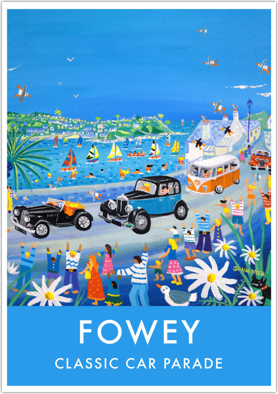 Vintage Style Travel Poster Art Prints by Cornish Artist John Dyer. Fowey Classic Car Parade, Cornwall
