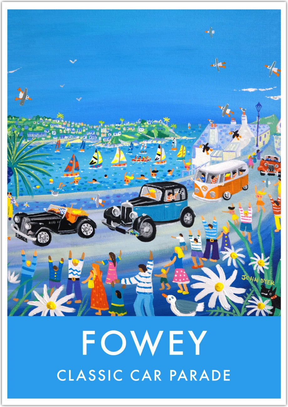 Vintage Style Travel Poster Art Prints by Cornish Artist John Dyer. Fowey Classic Car Parade, Cornwall John Dyer