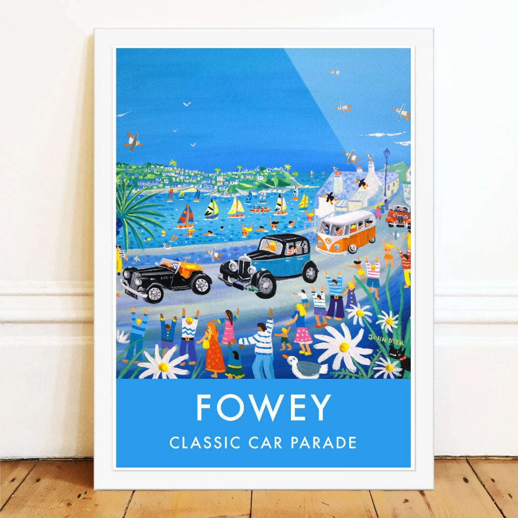 Vintage Style Travel Poster Art Prints by Cornish Artist John Dyer. Fowey Classic Car Parade, Cornwall John Dyer