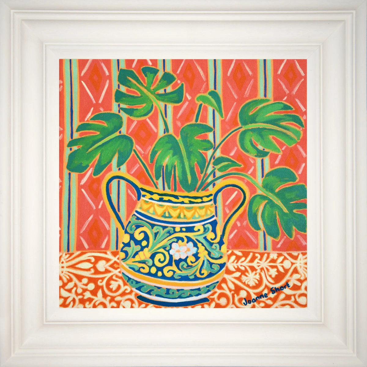 'My Favourite Cheese Plant in a Painted Pot'. 12x12 inches Painting. Oil on Canvas by Cornish artist Joanne Short