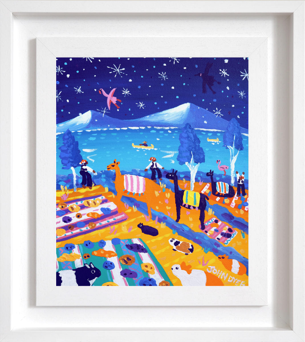 Colorful illustration of llamas and people by a lake at night with mountains in the background. 'Guinea Pigs and Snow Flurries at Lake Titicaca, Peru’, 12x10 inches acrylic on canvas. Painting of Peru by British Artist John Dyer