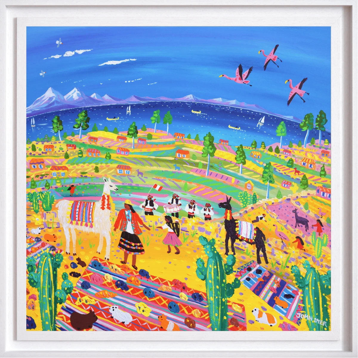 'Music and Llamas at the Potato Harvest, Taquile Island, Peru'. 35.5 x 35.5 inches acrylic on canvas. Painting of Peru by John Dyer