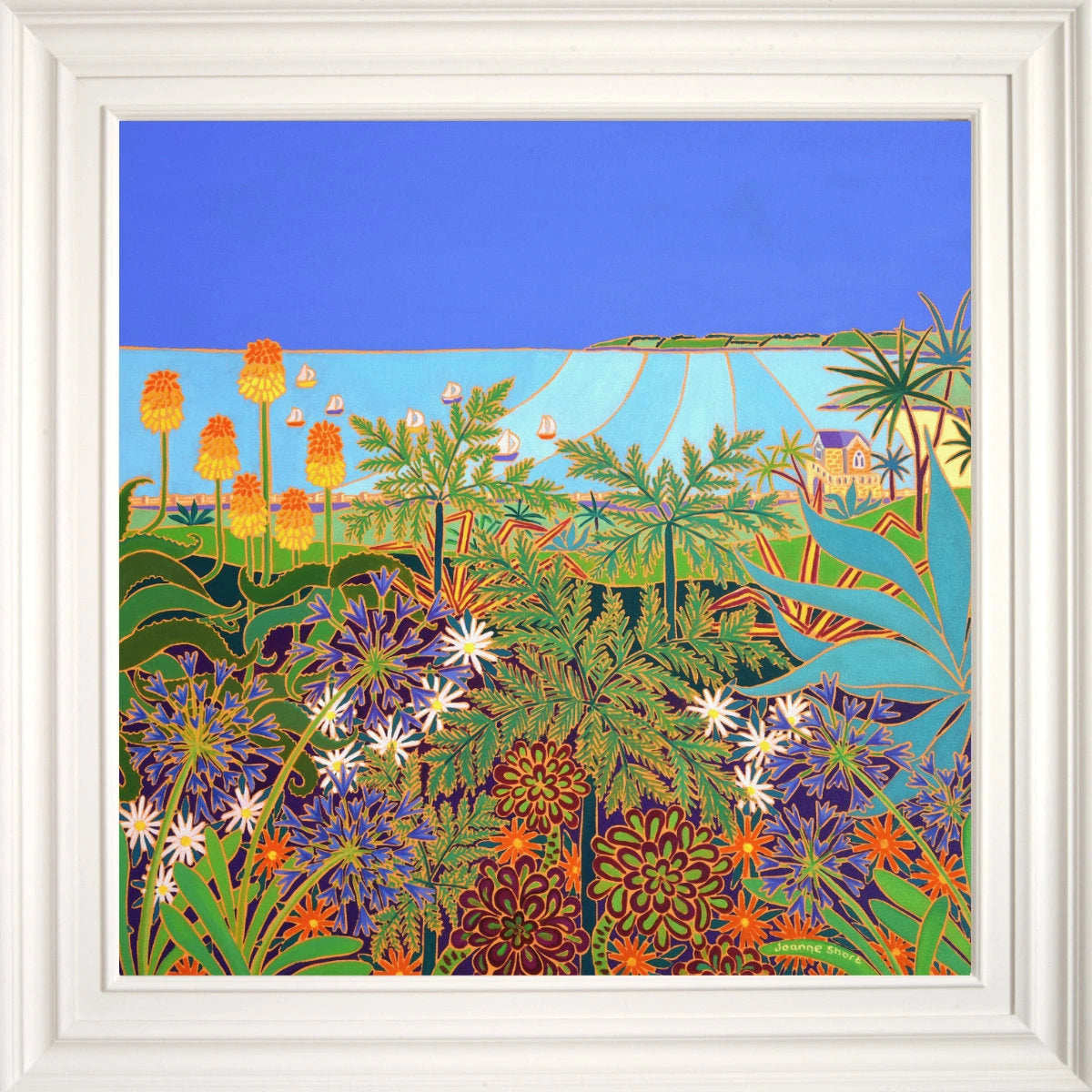 'Seaside View from Gyllyngdune Gardens, Falmouth', 30x30 inches oil on canvas. Painting by Cornish Artist Joanne Short. Joanne Short