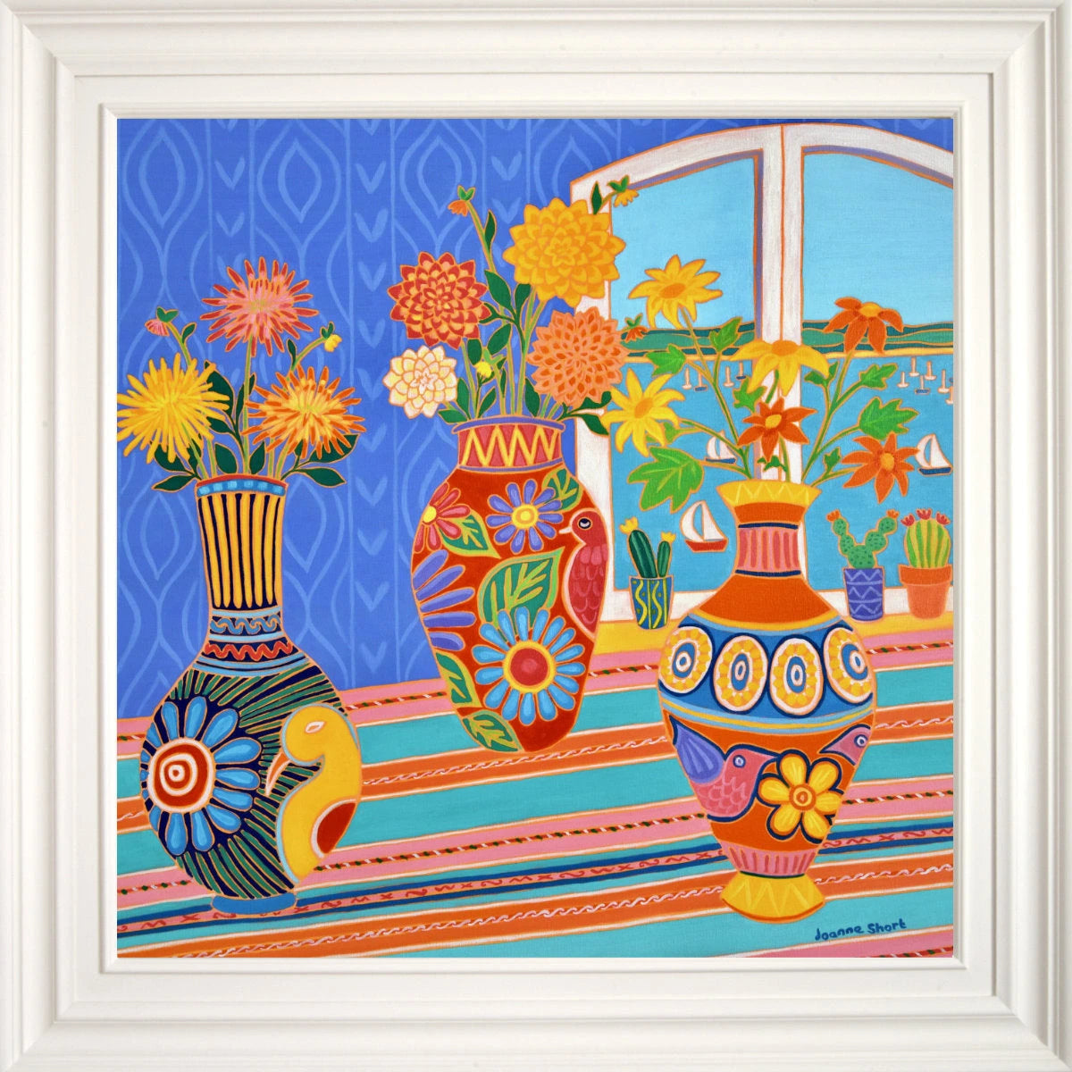 'Fiesta of Flowers in Mexican Vases', 30x30 inches oil on canvas. Original Painting by British Artist Joanne Short Joanne Short