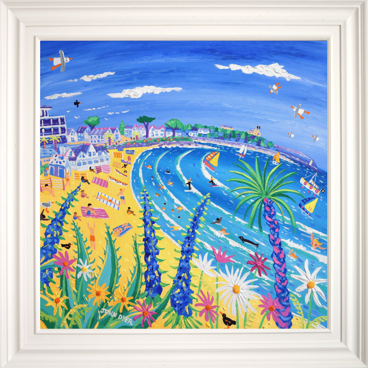 'Tropical Days at Gyllyngvase Beach, Falmouth', 30 x 30 inches acrylic on canvas. Coastal Paintings of Cornwall by Cornish Artist John Dyer