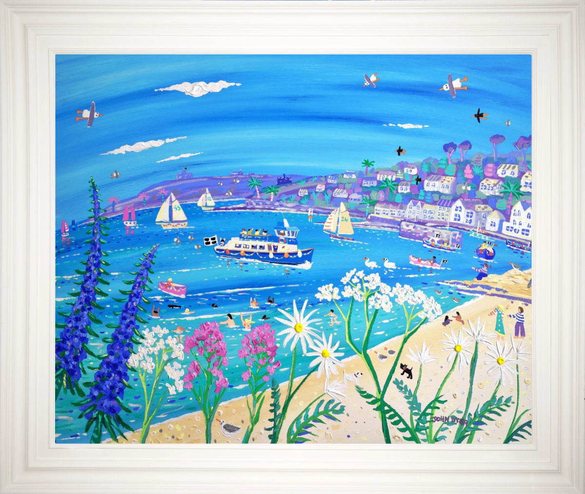 'Boats in the Morning Light, St Mawes'. 33x40 inches original art acrylic on board. Paintings of Cornwall by Cornish Artist John Dyer. Cornwall Art Gallery John Dyer