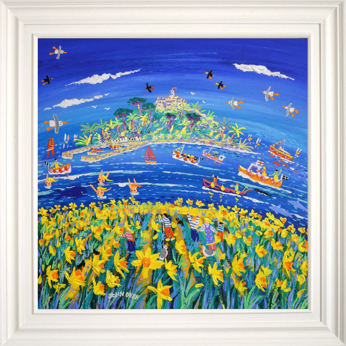 'Frolicking in the Flowers Mount’s Bay', 30 x 30 inches acrylic on canvas. Painting of St Michael's Mount Cornwall by Cornish Artist John Dyer