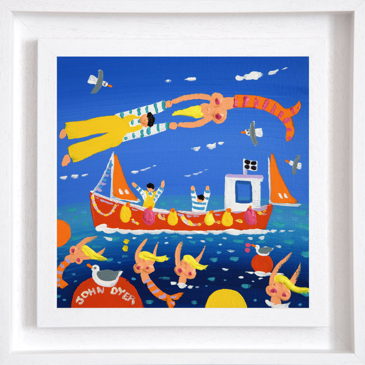 Colorful artwork of a boat with people on a blue background, framed in white. 'Cornish Mermaids’, 8x8 inches acrylic on canvas. Painting of Cornwall by Cornish Artist John Dyer